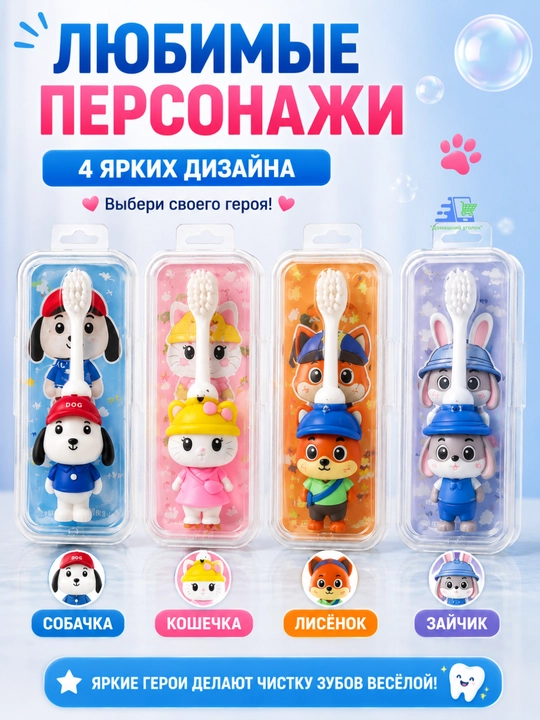 Детская зубная щетка лисёнок с футляром, мягкая щетина 0,10 мм, 3+