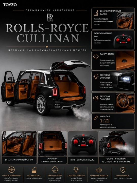 Rolls-Royce Cullinan 1:22 RC modeli, yorug‘lik, ovoz va bug‘ effekti