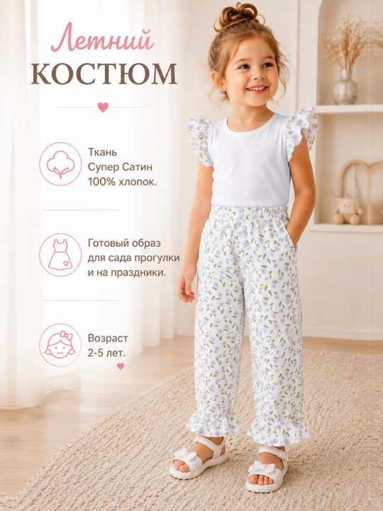 Костюм детский летний для девочки, 100% хлопок, 2–5 лет - 