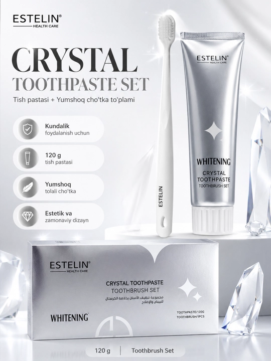 ESTELIN Crystal Whitening – набор отбеливающей зубной пасты 120 г и зубной щетки