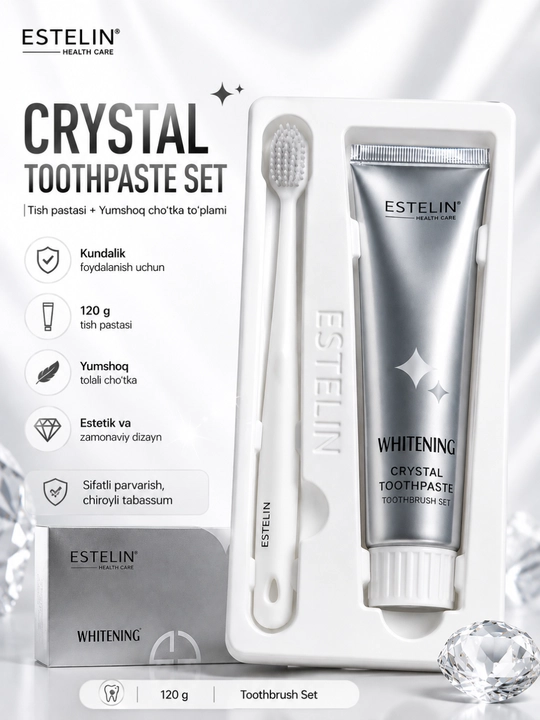 ESTELIN Crystal Whitening – Oqartiruvchi tish pastasi 120 g va tish cho‘tkasi to‘plami - 