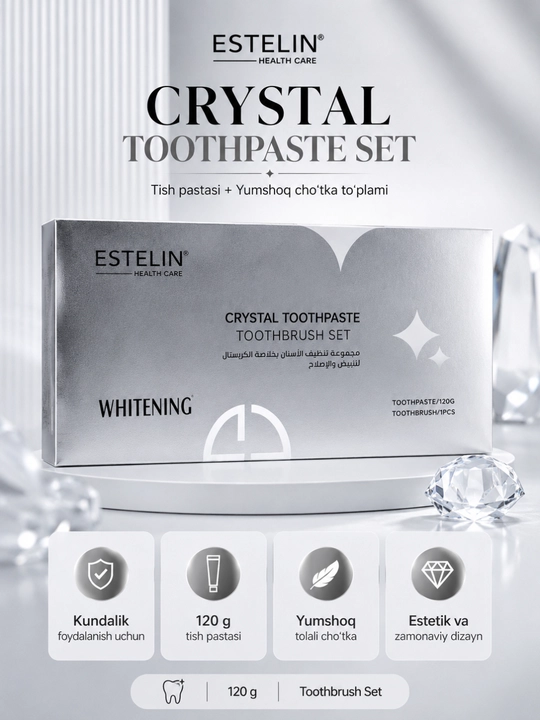 ESTELIN Crystal Whitening – набор отбеливающей зубной пасты 120 г и зубной щетки