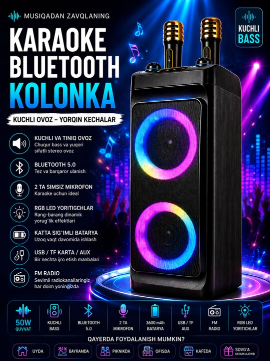 ZQS 4290 – mikrofonli portativ Bluetooth kolonka, yorqin LED chiroqlar bilan - 