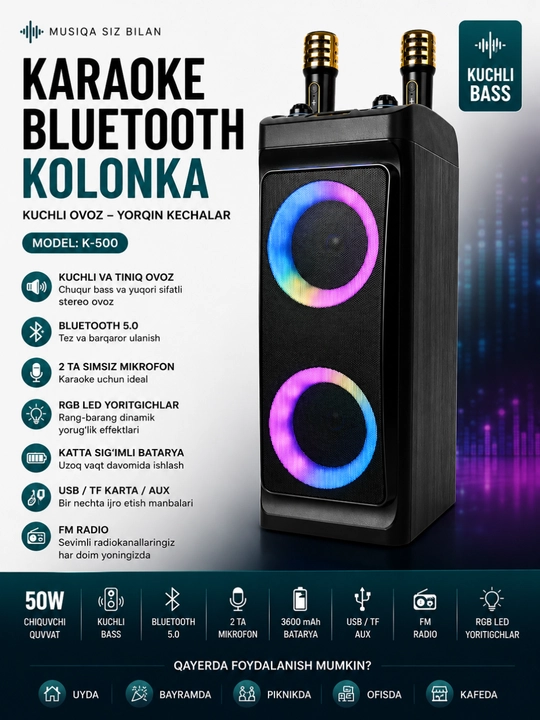 ZQS 4290 – mikrofonli portativ Bluetooth kolonka, yorqin LED chiroqlar bilan
