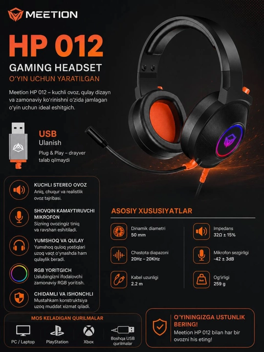 Quloqchin RGB yoritgichli o‘yinlar uchun Meetion HP012 RGB Gaming Headset
