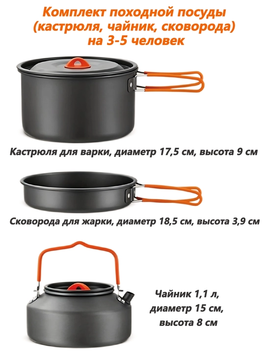 Gofun набор походной посуды 3в1: кастрюля+сковорода+чайник 1.1л, чехол-сетка, 3–5 человек - 
