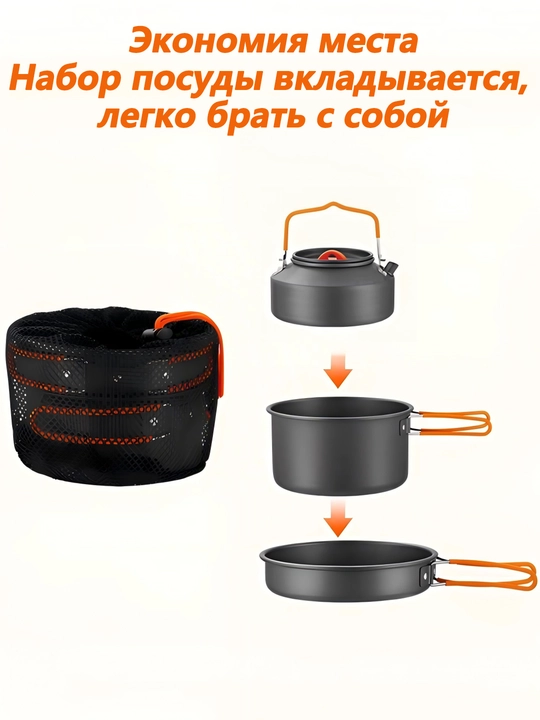 Gofun 3 ta 1da kemping idishlar to‘plami: qozon+tova+1.1L choynak, sumkali (3–5 kishi)