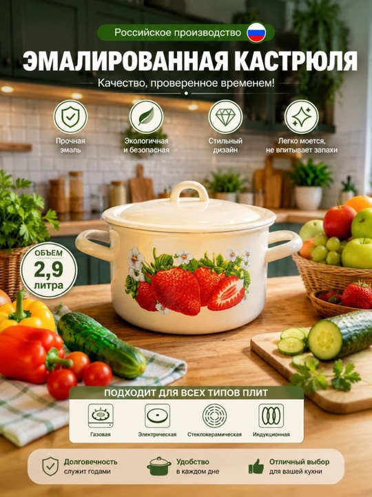 Кастрюля эмалированная 2,9 л - 