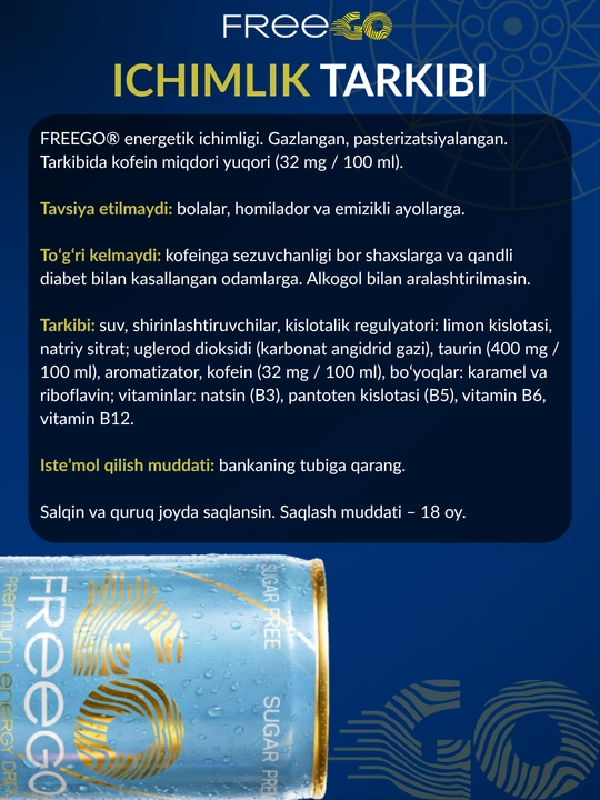 FreeGo energetik ichimligi, shakarsiz, klassik energetik, 250 ml