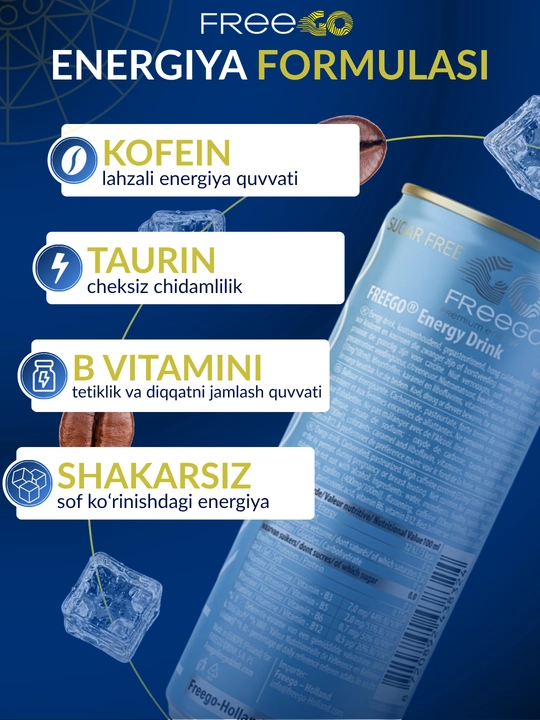 FreeGo energetik ichimligi, shakarsiz, klassik energetik, 250 ml