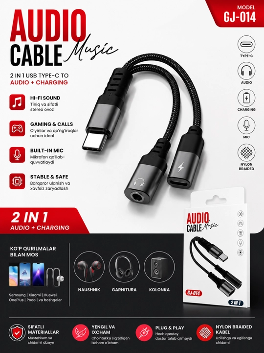 Lightning Audio Adapter GJ-012 2in1 – Zaryadlash va Quloqchin Ulagichi - 