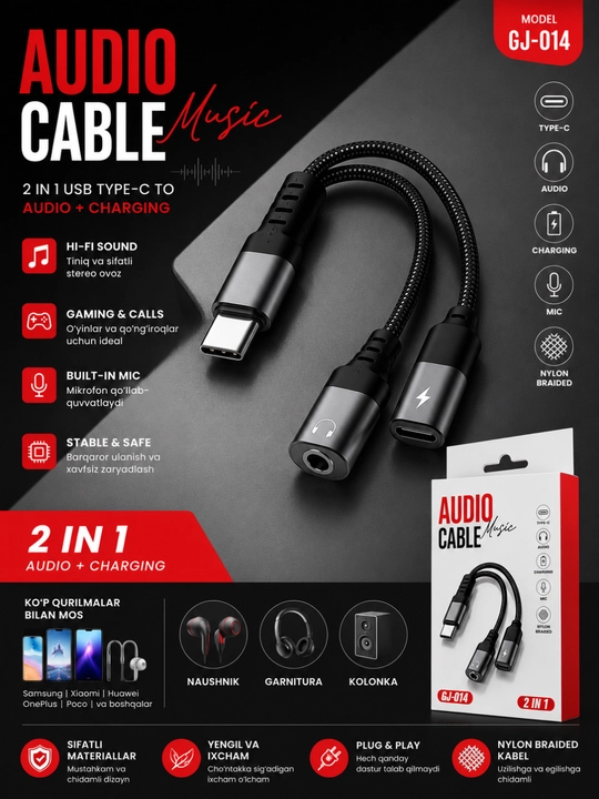 Lightning Audio Adapter GJ-012 2in1 – Zaryadlash va Quloqchin Ulagichi
