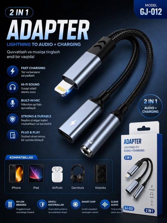 Lightning Audio Adapter GJ-012 2in1 – Zaryadlash va Quloqchin Ulagichi - 