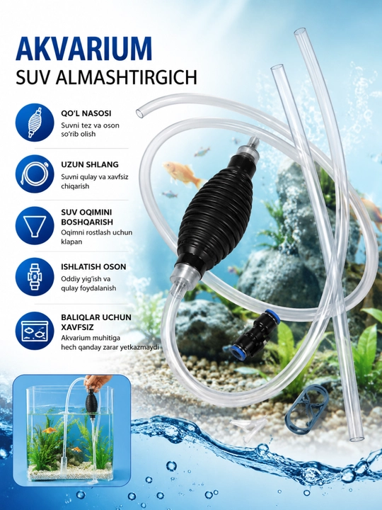 Sifon akvarium suvini almashtirgich nasos baliq grunt tozalash suv tortgich qo'l nasos - 
