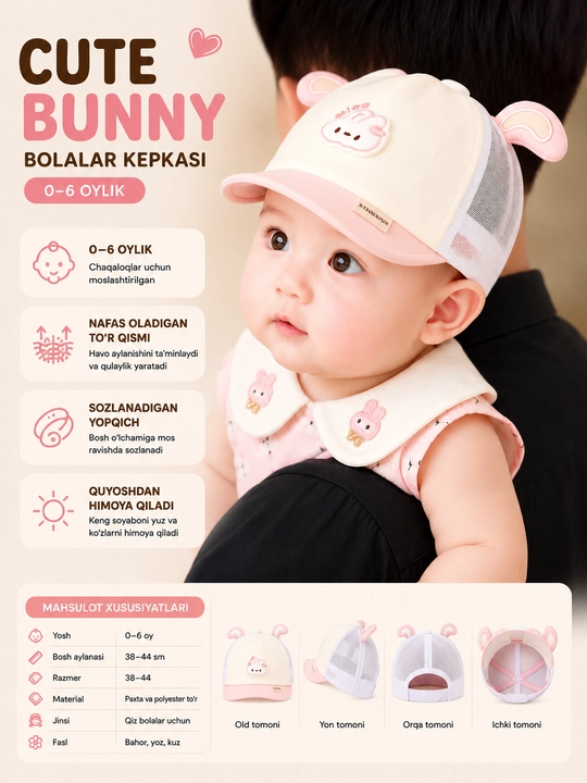 Детская кепка Cute Bunny, 0–6 месяцев, регулируемая, защита от солнца - 