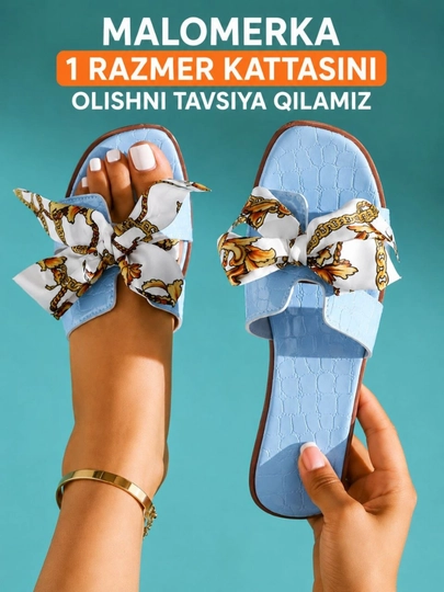 Тапочки женские, летние, Hermes тапочки с бантиком, маломерки — 3516202-HERMES123-ГОЛУБ-41