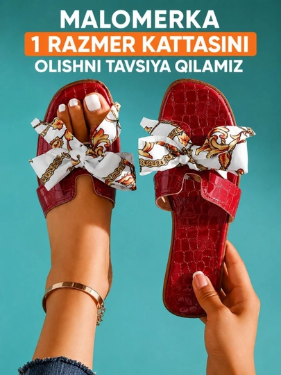 Тапочки женские, летние, Hermes тапочки с бантиком, маломерки — 3516202-HERMES123-КРАСН-41
