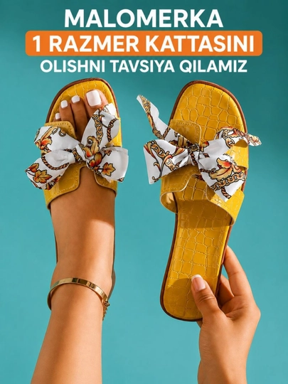 Тапочки женские, летние, Hermes тапочки с бантиком, маломерки — 3516202-HERMES123-ГОРЧИЧ-38