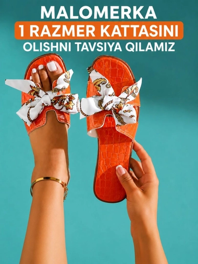 Тапочки женские, летние, Hermes тапочки с бантиком, маломерки — 3516202-HERMES123-ОРАНЖ-40