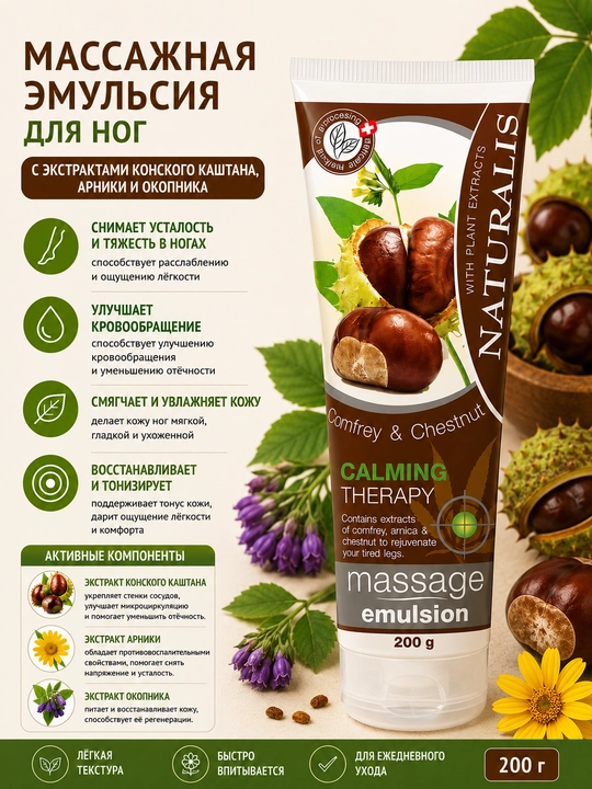 "Kashtan va okopnik" yallig‘lanishga qarshi, terini  "Naturalis" massaj kremi, 200 ml - 