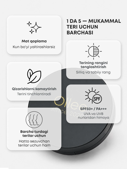 Кушон BB для лица OLLEE SPF50+ PA++++ 15 г, тон 02, матовый финиш, с зеркалом