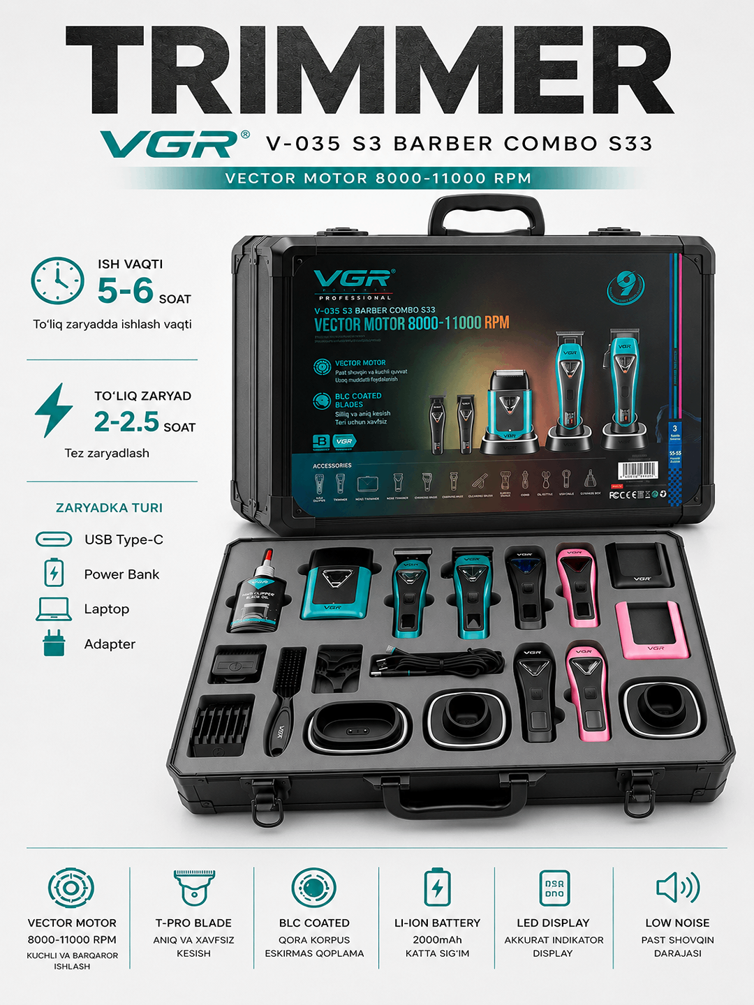 VGR V-035 S soch va soqol olish uchun simsiz trimmer mashinasi