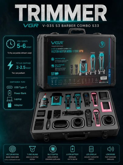 VGR V-035 S soch va soqol olish uchun simsiz trimmer mashinasi - 