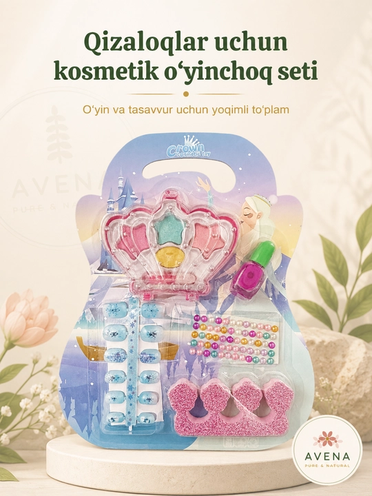 Qizlar uchun malika kosmetik o'yinchoq to'plami —ko'z tenlari, tirnoq laki, bezaklar 