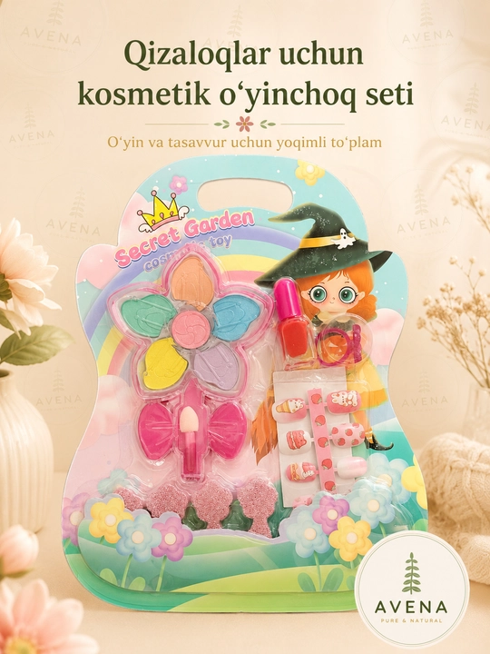 Qizlar uchun malika kosmetik o'yinchoq to'plami —ko'z tenlari, tirnoq laki, bezaklar 