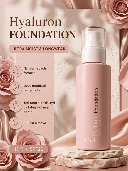 Namlantiruvchi tonal krem AMA Hyaluron Foundation, yuz terisi rangini tekislovchi, SPF 20 - 