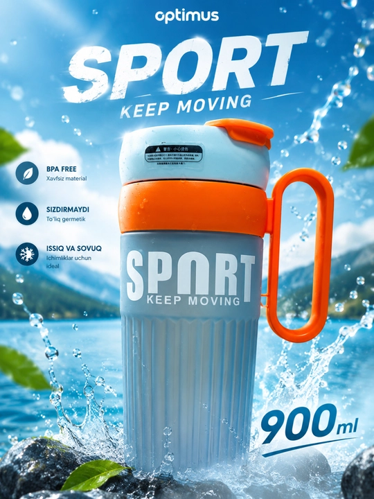 Suv uchun turli rangdagi shisha, trubochkasi va mevalar uchun bo‘linmasi bilan, 900 ml - 
