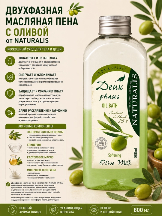 Двухкомпонентная пена для ванны Naturalis, смягчающая olive milk, 800 мл - 
