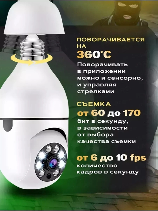 Aqlli simsiz mini kamera lampochka, WI Fi, 360 gradus, Tunggi ko'rish, FULL HD