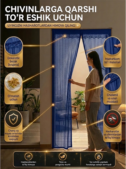 Eshik uchun magnitli to'r parda, chang, hasharotlardan himoya, lipuchkasiz - 