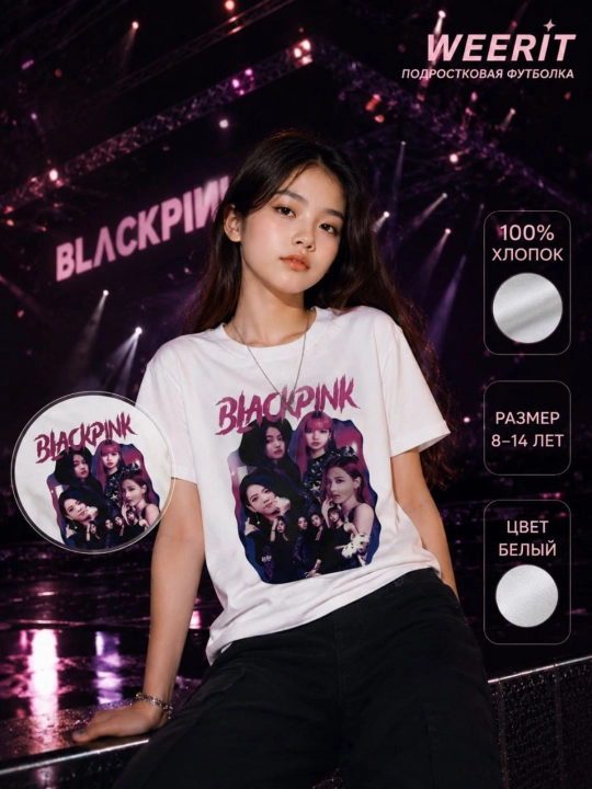 Футболка подростковая WEERIT BLACKPINK, хлопок 100%, принт K-pop, для девочек, 8–14 лет - 