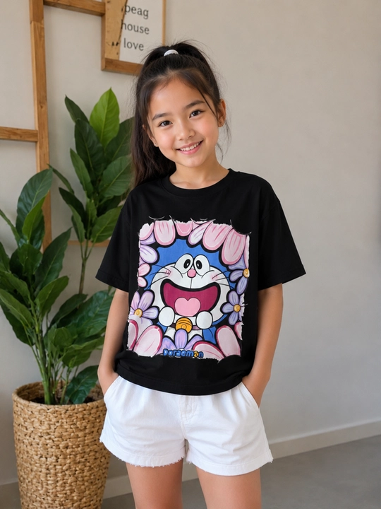 Qiz bolalar uchun zamonaviy qora futbolka, Doraemon printli, 8–13 yosh, yumshoq va qulay