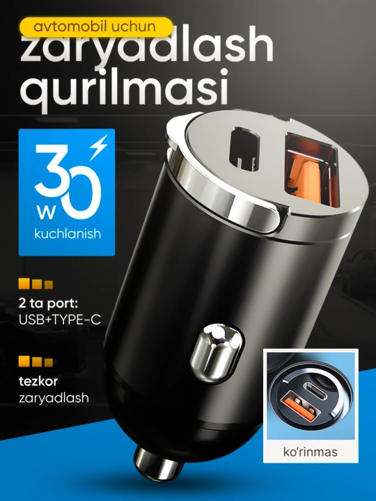 Avtomobil uchun zaryadlovchi qurilma, tez zaryadlash bilan, 30W - 