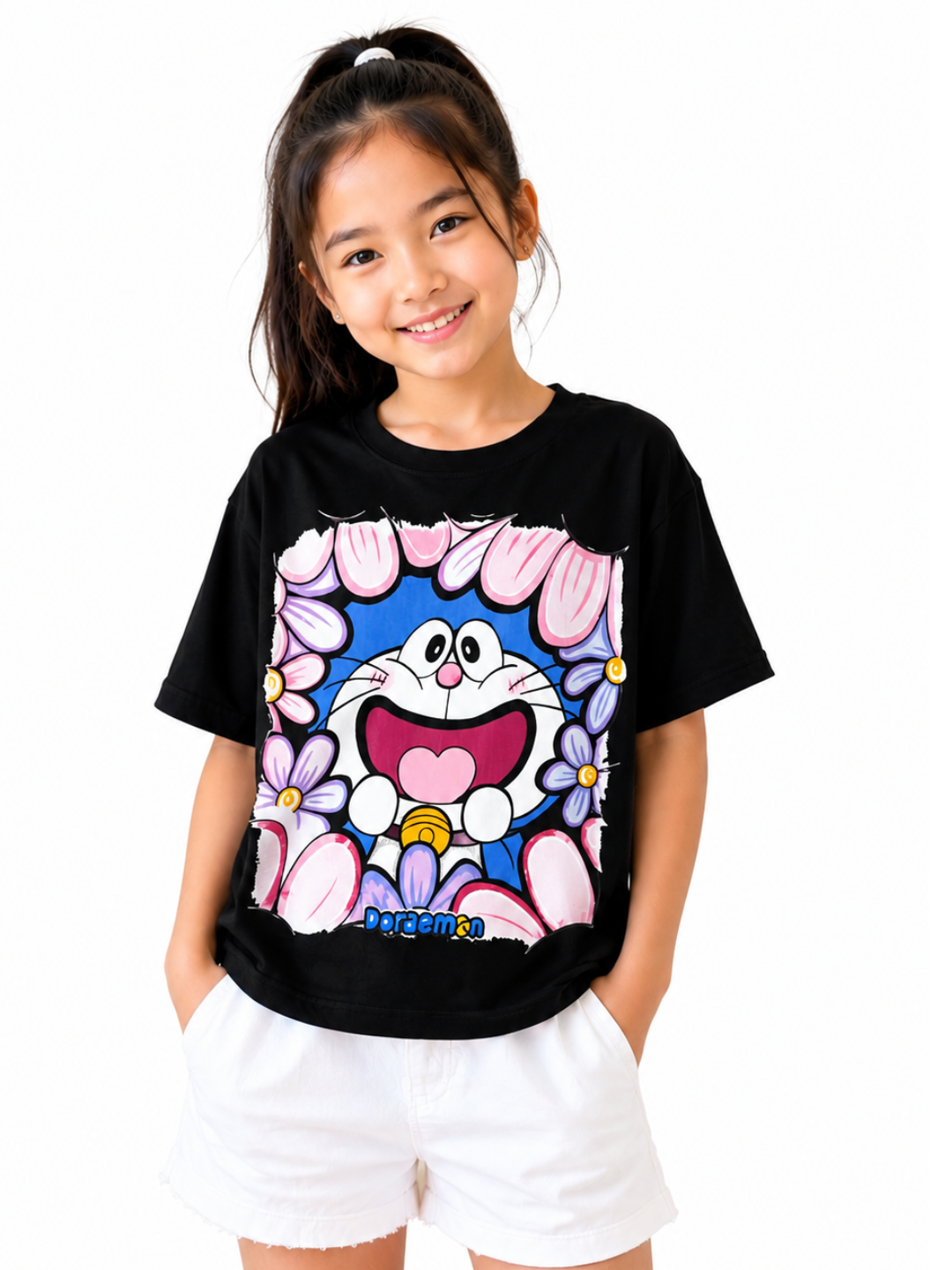 Футболка для девочек с принтом Doraemon, 8–13 лет, мягкая, удобная, на каждый день  - 