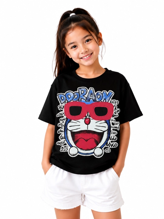 Qiz bolalar uchun zamonaviy qora futbolka, Doraemon printli, 8–13 yosh, yumshoq va qulay - 