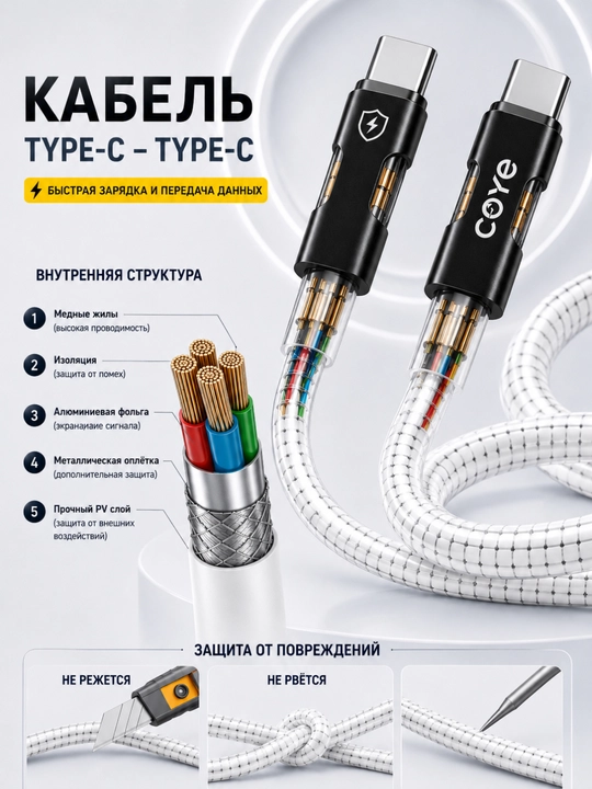 Tez zaryadlash kabeli, 66W USB, Type-C metall kabeli