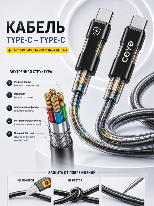 Tez zaryadlash kabeli, 66W USB, Type-C metall kabeli
