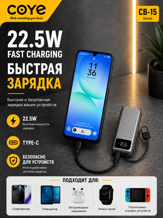 Повербанк 10 000 мА·ч, 22,5 Вт, быстрая зарядка, встроенные кабели Lightning и Type-C