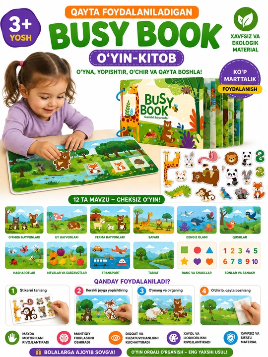 Busy Book – Interaktiv rivojlantiruvchi kitob (Hayvonlar va Alifbo) - 