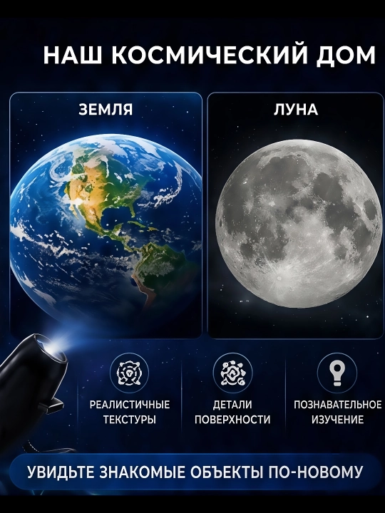 Yulduzli osmon va oy proyektori, LED tungi chiroq-planetariy, 6 ta nasadka, USB
