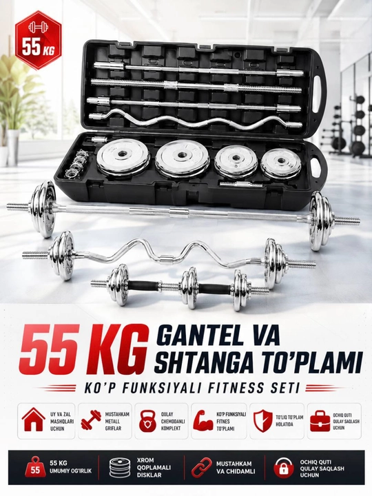 Gantellar va shtangalar to'plami, yig'iladigan, bir qutida 15-20-30-50 kg - 