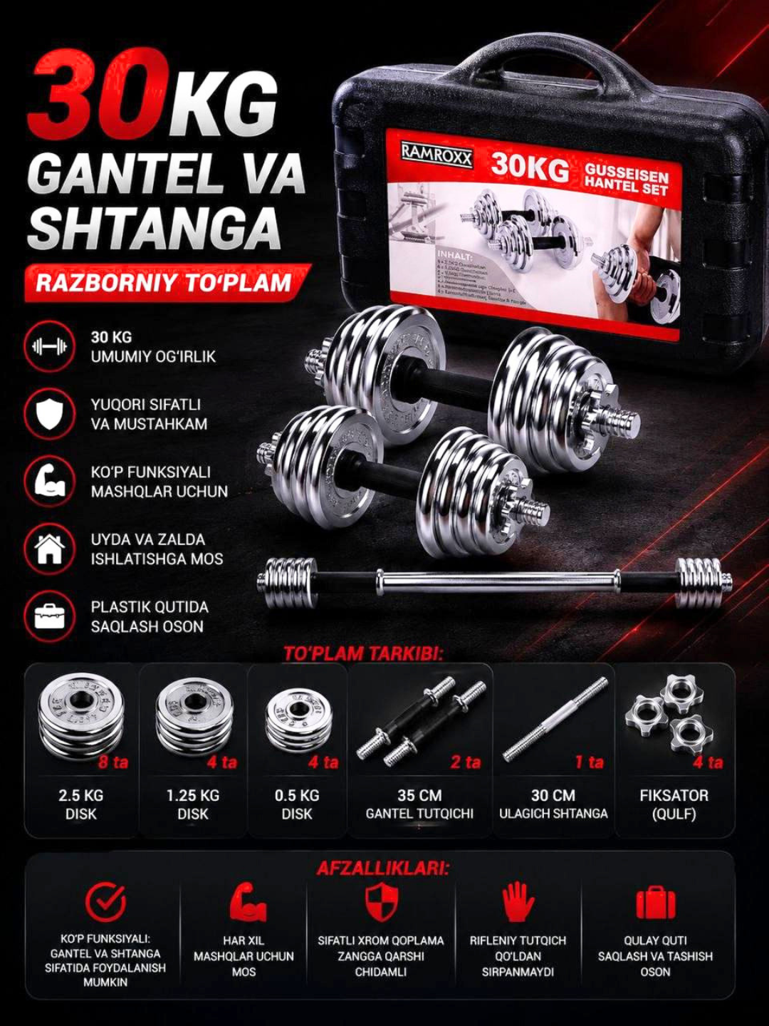 Gantellar va shtangalar to'plami, yig'iladigan, bir qutida 15-20-30-50 kg - 