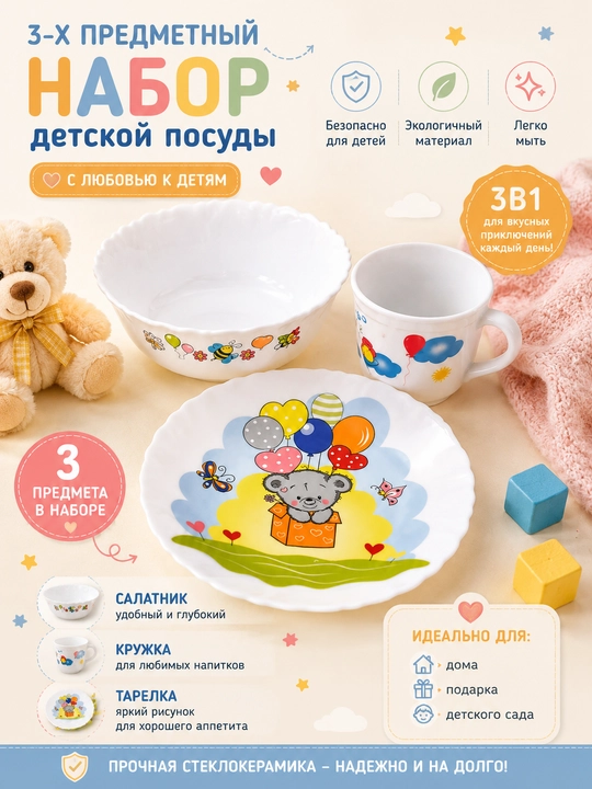 Детский набор cтеклокерамической посуды, из 3 предметов - 