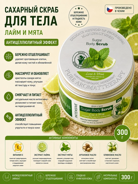 Tana uchun shakarli skrab, sellyulitga qarshi, laym va yalpiz, NATURALIS, 300 gr - 