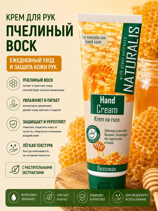 Kрем для рук с экстрактом пчелиного воска, NATURALIS, 125 мл - 