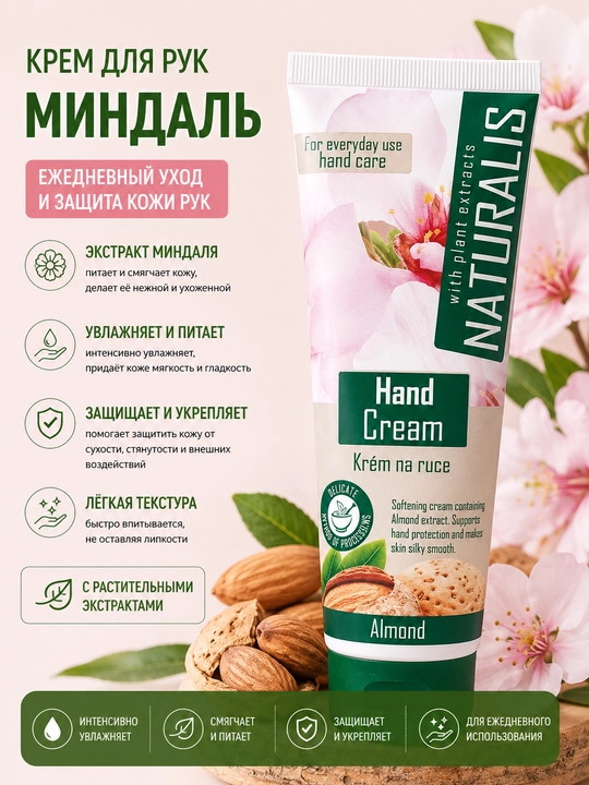 Крем для рук, с экстрактом миндаля, Naturalis, 125 мл - 